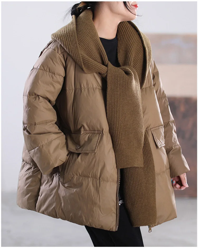 

Winter Puffer Coat Women 90% White Duck Down Jacket Hooded Removable Knitted Scarf Soft Warm Outwear Loose Casual