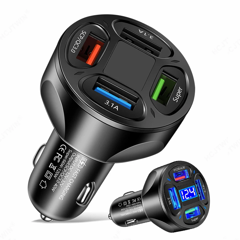 

120W Car Charger 12V/24V 4 USB Ports 66W Fast Charging Cigarette Lighter Adapter LED Voltmeter for Huawei Xiaomi iPhone Samsung