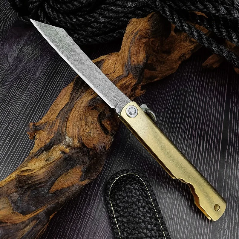 Folding Knife Damascus Steel Ball Bearing Copper Handle Fruit knife Outdoor  Survival EDC Pocket Knives Camping Tools