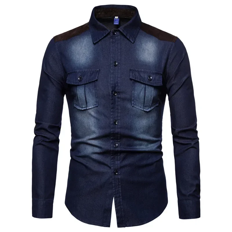 Denim Shirt Men Long Sleeve Casual Cotton Jeans Slim Suede Matching Solid Pocket Tops