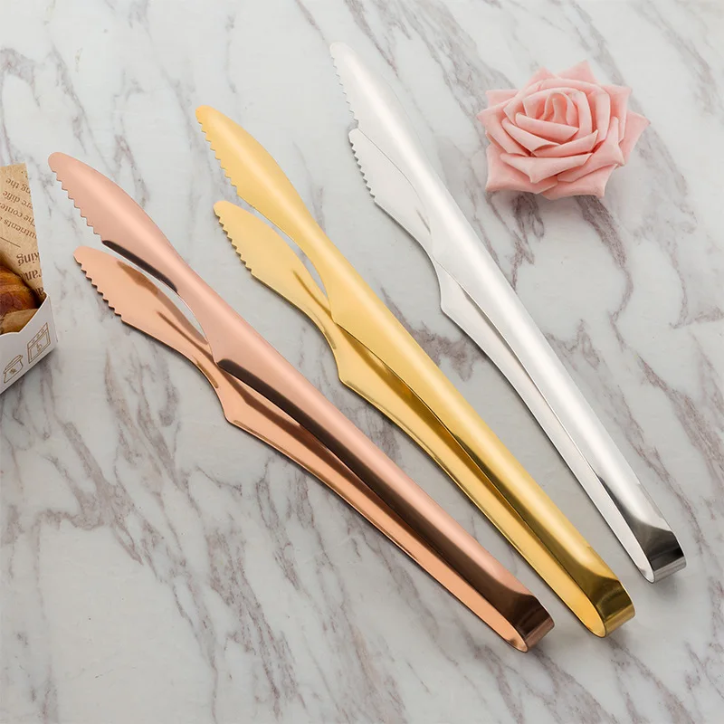 Stainless Steel Non-Slip Handle BBQ Tongs Cake Bread Clamp Steak Clip Kitchen Utensils