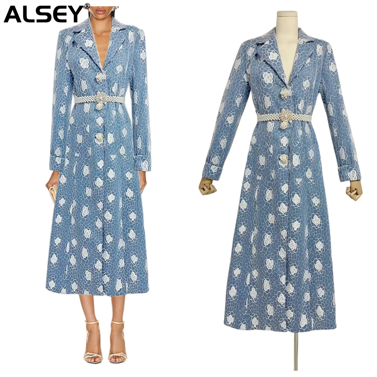 

ALSEY Lapel A-line Dress Retro Japanese Korean Style Printing Heavy Beading Belt Dress 2023 Fall Winter New Women's Clothing