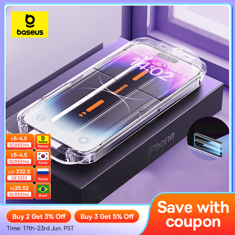  Baseus 0.3mm Crystal HD Tempered Glass for iPhone 15 14 13 12 Pro Max Screen Protector With Cleaning Kit Anti Peeping Dust-proof 