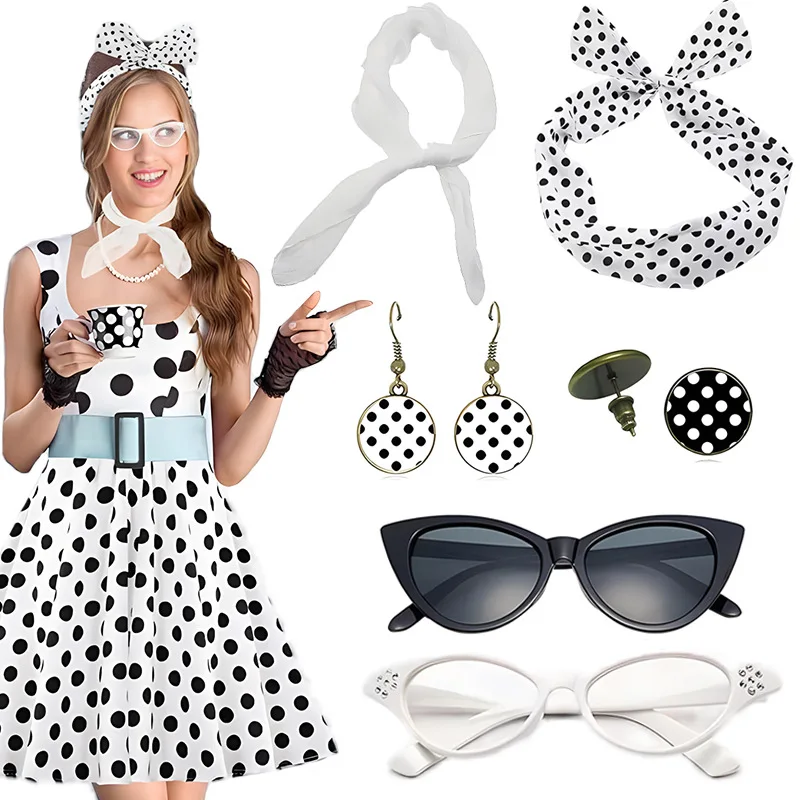 6pcs Set 1950s Costume Accessories Women Vintage Cat Eye Glasses Chiffon Scarf Polka Dot Earrings and Headband - 3