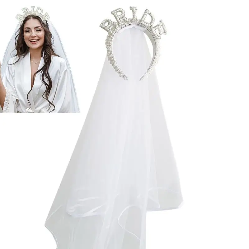 Bride Veil Headband Bachelorette Bride to be pearl headband veil Wedding decoration Bridal shower Engagement Dinner Hair Veil women solid color white silk headscarf circular wedding veil elegant ladies lace shawl breathable scarf decoration