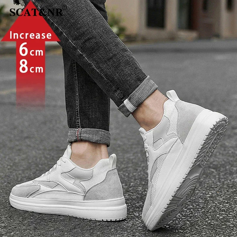 New Men Trendy Leather Sneakers Elevator Shoes Invisible Breathable Heightening Shoes 8cm Men'S Casual Light Sneakers Designer