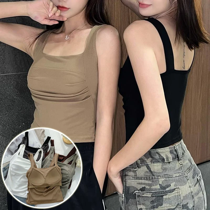 

Summer Ice Silk Camisole Women's Chest Pad Anti-light Bottoming Pleated Beautiful Back Underwear Short Top Can Be Worn Outside