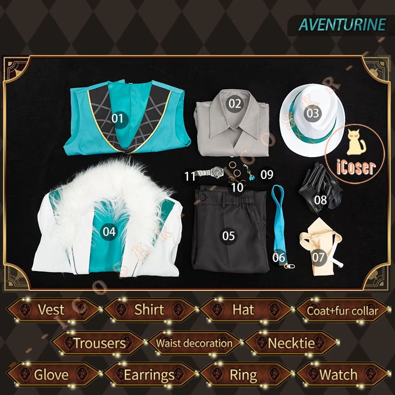 Aventurine 코스프레 코스튬 가발, 혼카이 스타 레일 콘서트 2024 기타 플레이어 유니폼, 흰색 세트 귀걸이 모자, 할로윈 남성 여성