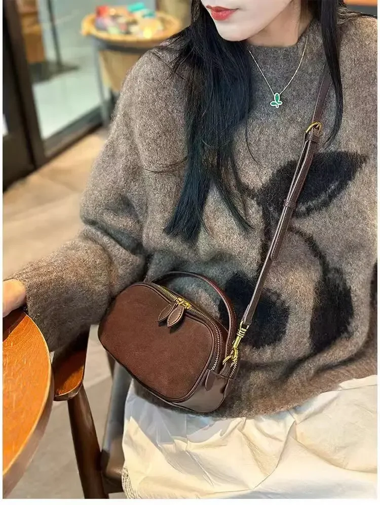 Women's Genuine Suede Cowhide Leather Shoulder Bag - Side view