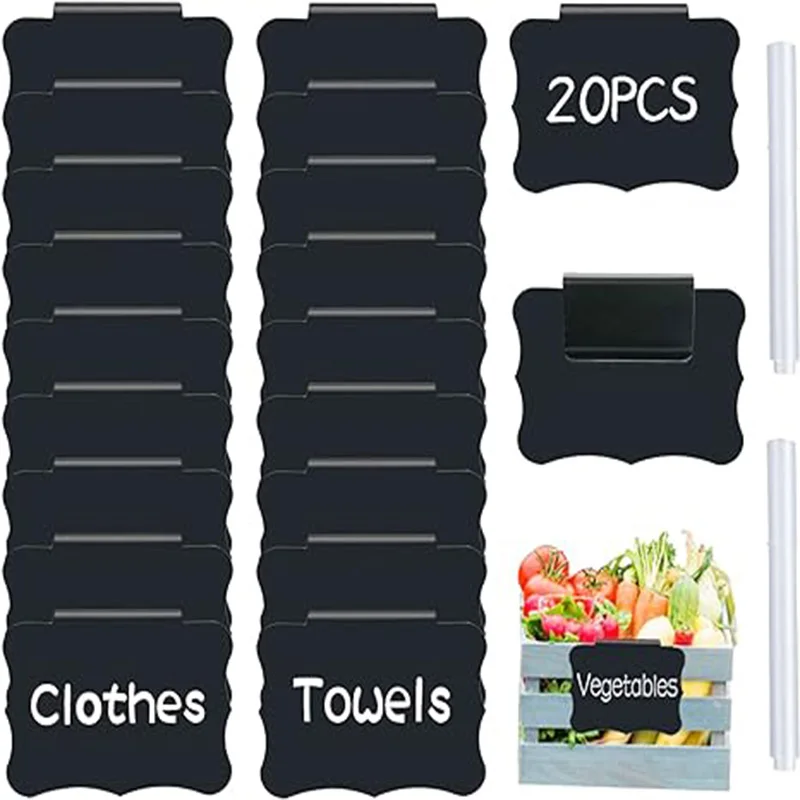 12/20 Basket Labels Clip On, Reusable Labels for Storage Bins, Removable Chalk with 2 White Chalk Markers-Wet Erase
