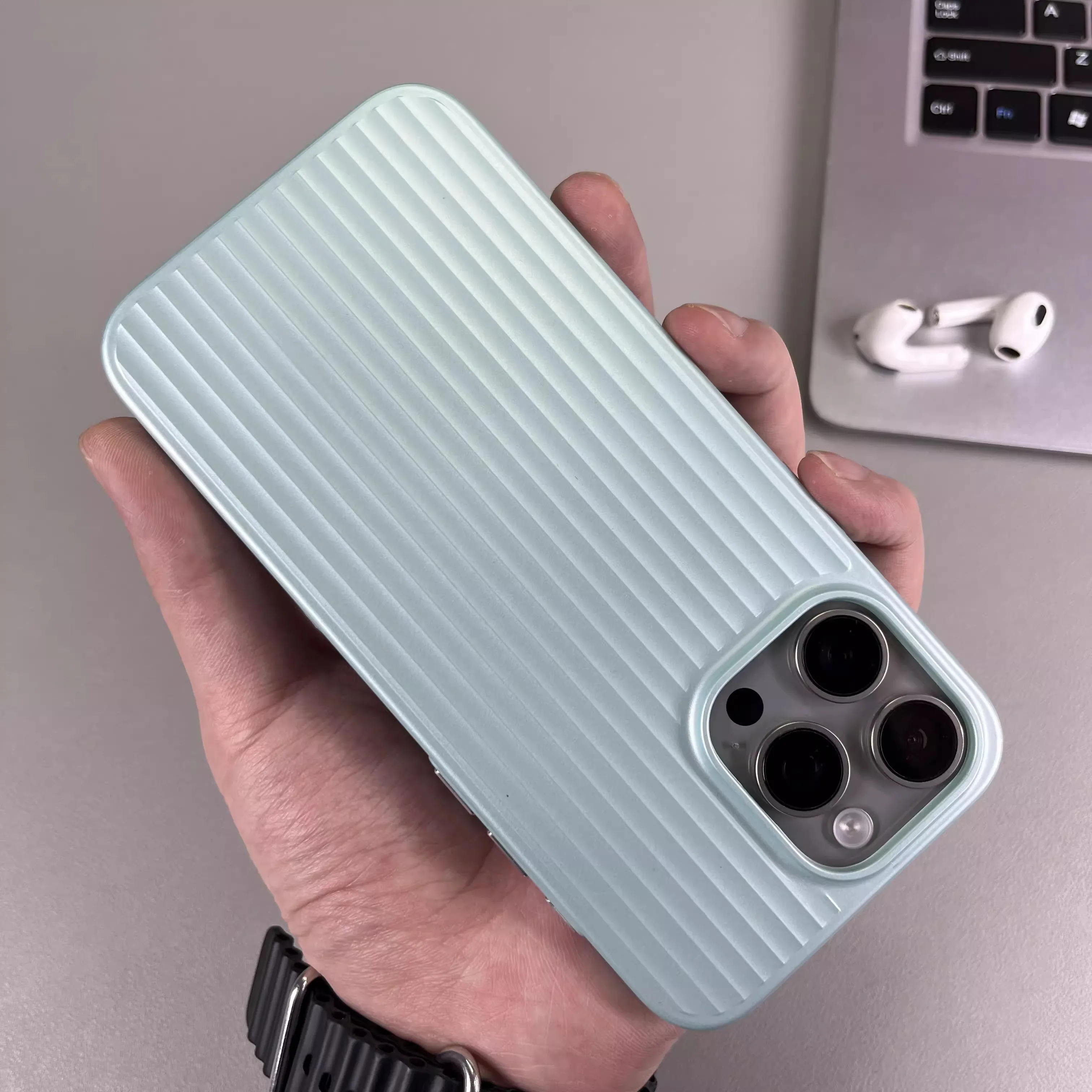 Natural Titanium Grating Stripe Pattern Shockproof Phone Case with Metal Buttons