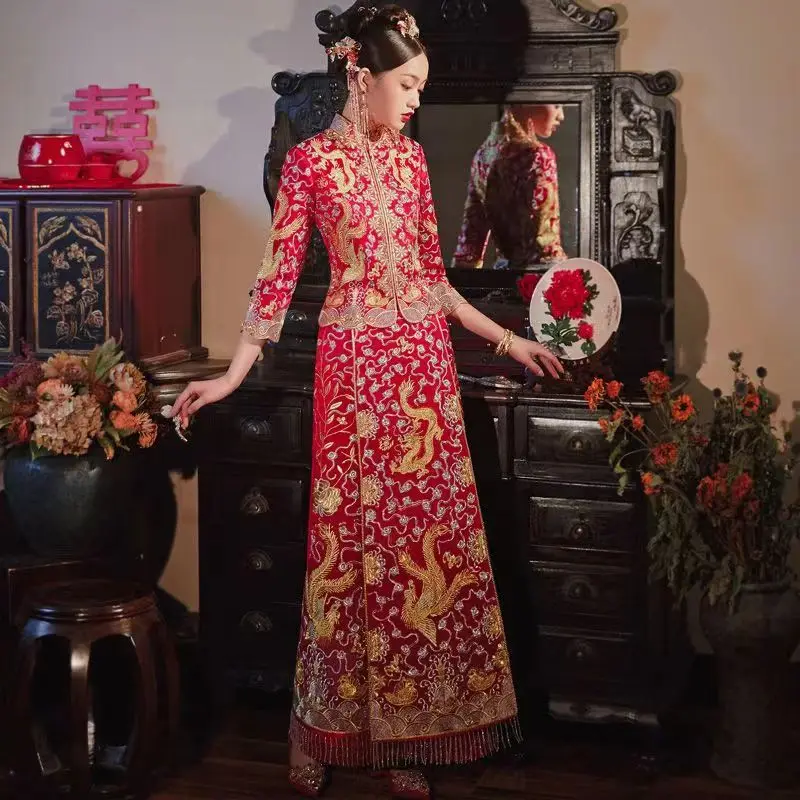 Red Embroidery Oriental Dragon Phoenix Qipao Women Satin Cheongsam Ancient Traditional Chinese Bride Wedding Dress Long Vestidos
