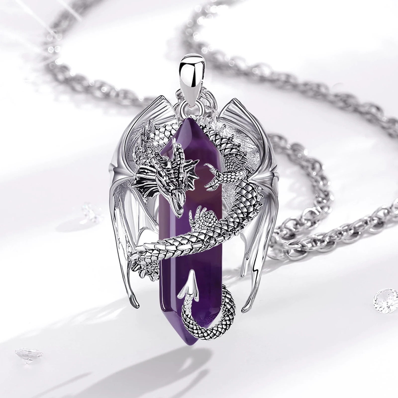Pendant Necklace Eudora Dragon Twining Hexagonal Amethyst Prismatic For Man