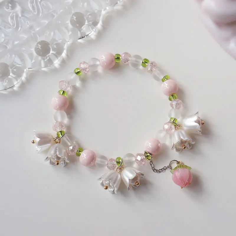 Sbd7d0ea0c4bd4a7f979c7875cff137beB New Design Sweet Vintage Pearl Lily Flower Bracelet for Women Korean Cute Tassel Pink Peach Pendant Bracelet Aesthetic Jewelry Mallzona