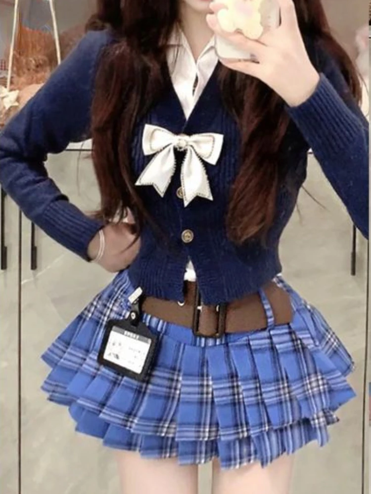 

Japanese Kawaii Sweet 3 Piece Set Women Patchwork Cute Plaid Mini Skirt Suit Female Korean Fashion Casual Chic Set 2024 Winter
