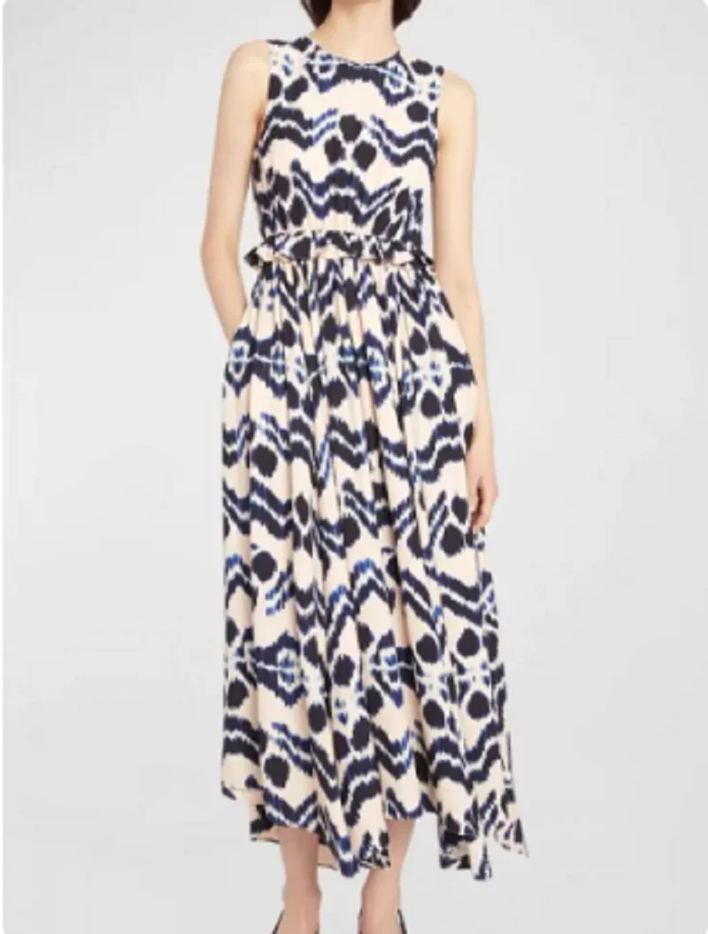 

O-Neck Slim Sleeveless Women High Waist Ruffles Trim Pleated Contrast Color Print Ladies Dress