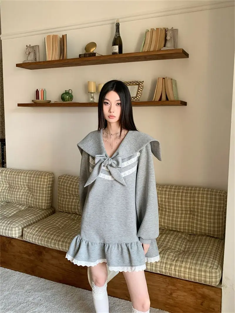 Bow Tie Loose Slimming Long Sleeved Dress New Sweet Girl Ruffled Hoodie Short Skirt