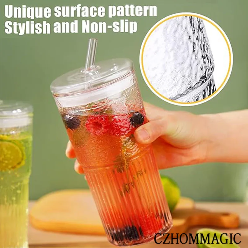 Large Glass With Straw and Lid Coffee Cup Ribbed Large Glass Ice Coffee  Drinkware Glassware Gift 