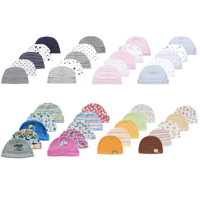 

5Pcs Cotton Newborn Hats Printed Infants Bonnet for 0-6 Months Boys Girls