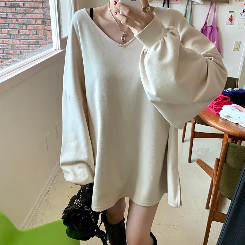 

South Korea autumn age reduction cute V-neck lazy loose casual hoodie bat lantern sleeve long pullover top