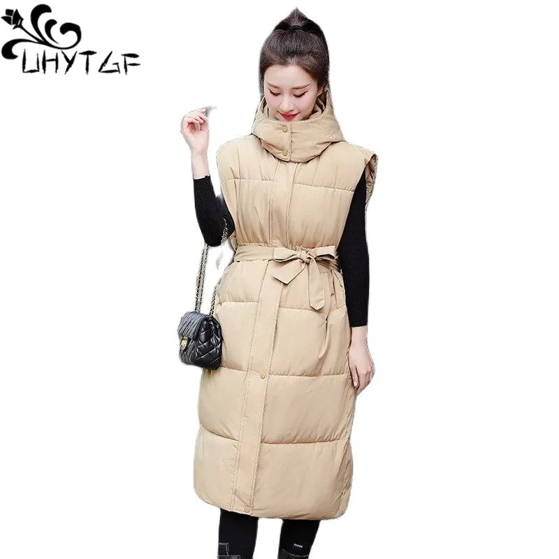 

UHYTGF Down Cotton Vest Women Mid-Length Korean Loose Thicken Sleeveless Jacket Female Hooded Zipper Winter Waistcoat Ladie 2687