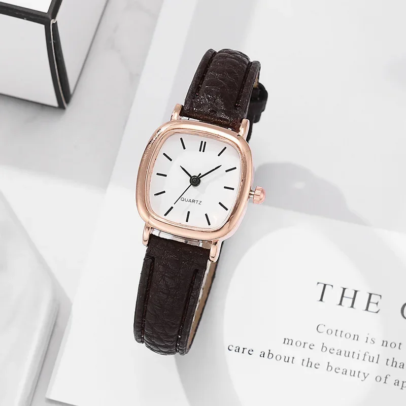 

New Korean Fashion Leather Band Rose Gold Plated Simple Square Dial Plate Ladies Women Quartz Watch