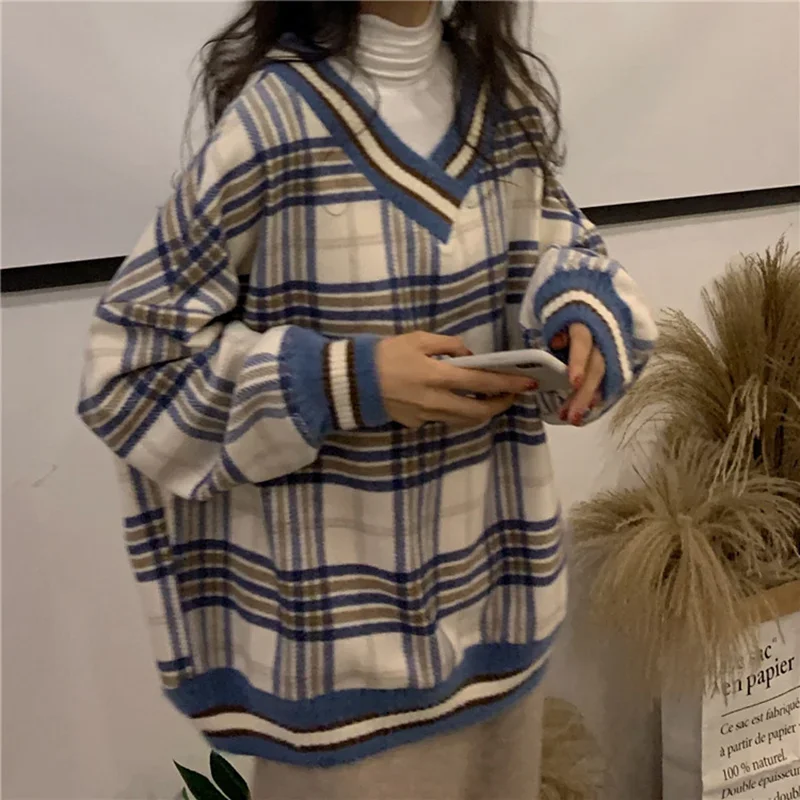 Women's V-Neck Long Sleeve Plaid Sweet Sweatshirt Tops 2024 New Loose Retro Korean Pullover Female College Style Lazy Jumper Ins