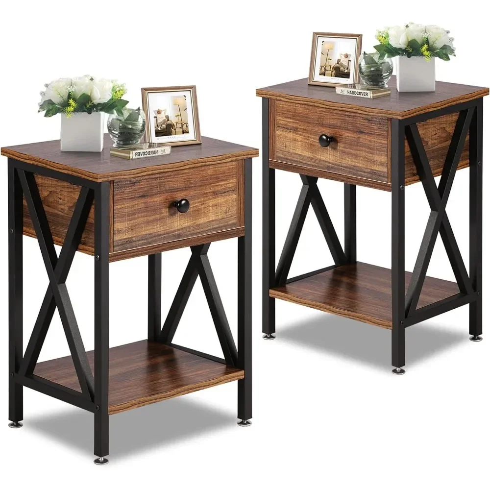 

Bedside Table with Drawer and Shelf, No Slide Rails/Stable Metal Frame/Easy Assembly, Rustic Brown, Nightstand (Set of 2)