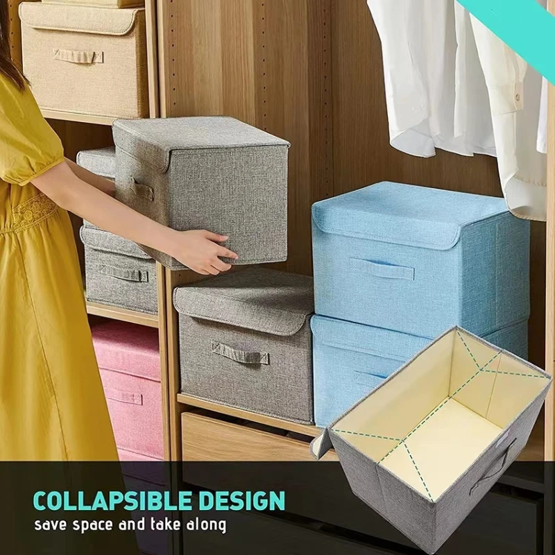 Foldable Cotton Linen Fabric Storage Box Large Capacity Clothes Storage Basket Toys Organizer with Lid for Home Bedroom Closet 5