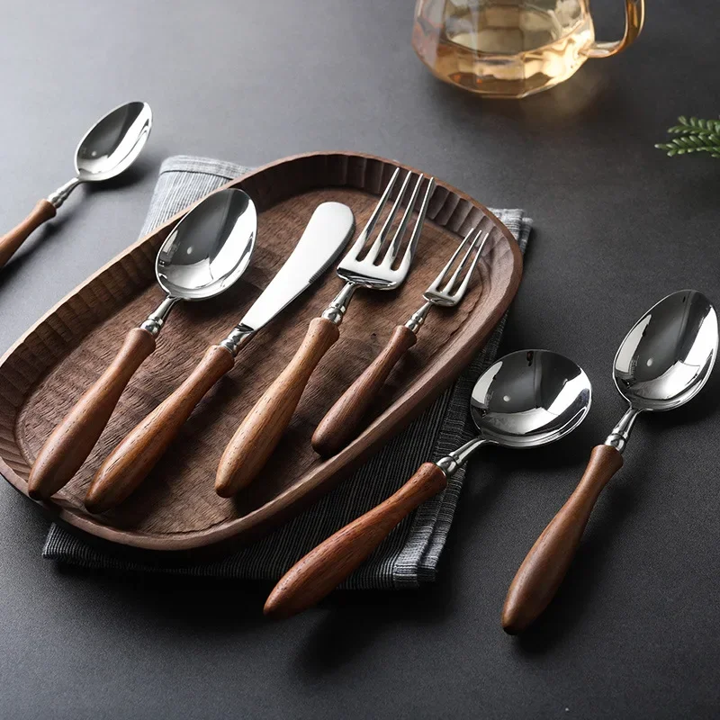 

Stainless steel spoon teaspoon fruit fork rosewood handle steak knife and fork Western-style seven-piece set