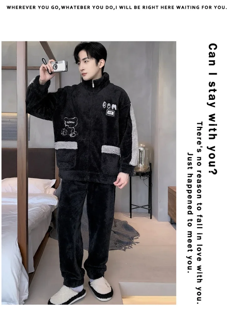 Men's Sleepwear Set Winter Zipper Coral Fleece Long Hair Home Clothes Student Cartoon Flannel Pajamas 5XL Large Size