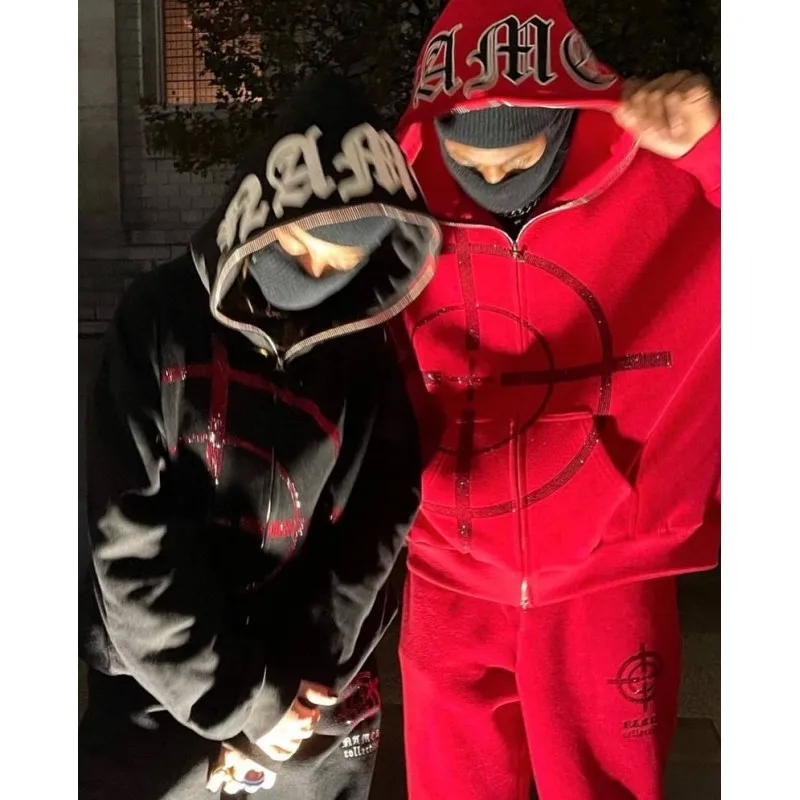 

Y2K Letter Rhinestone Hoodie For Women Gothic Hip Hop Zipper Streetwear Sweatshirt Graffiti Hooded Baggy Jacket