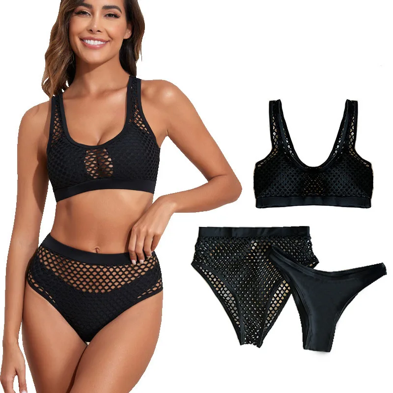 

Super hot three piece suit bikini sexy hollowed-out net bathing suit