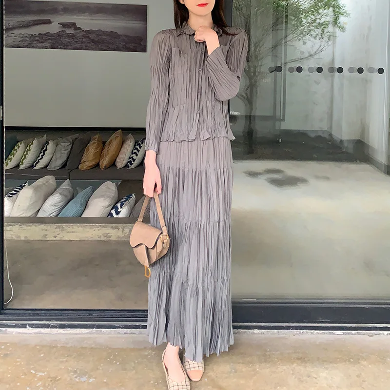 

Miyake Pleated Elegant Suit Women's 2023 Spring Summer Printing Top&Skirt Korean Simple All-match Large Free Size Slim 2 Pcs Set