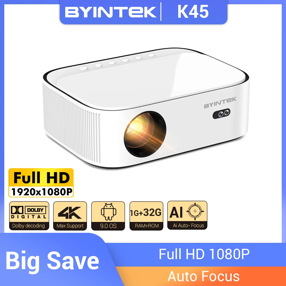 BYINTEK K45 AI 자동 초점 스마트 안드로이드 와이파이 풀 HD 1920x1080 LCD LED 비디오 홈 시어터 ...