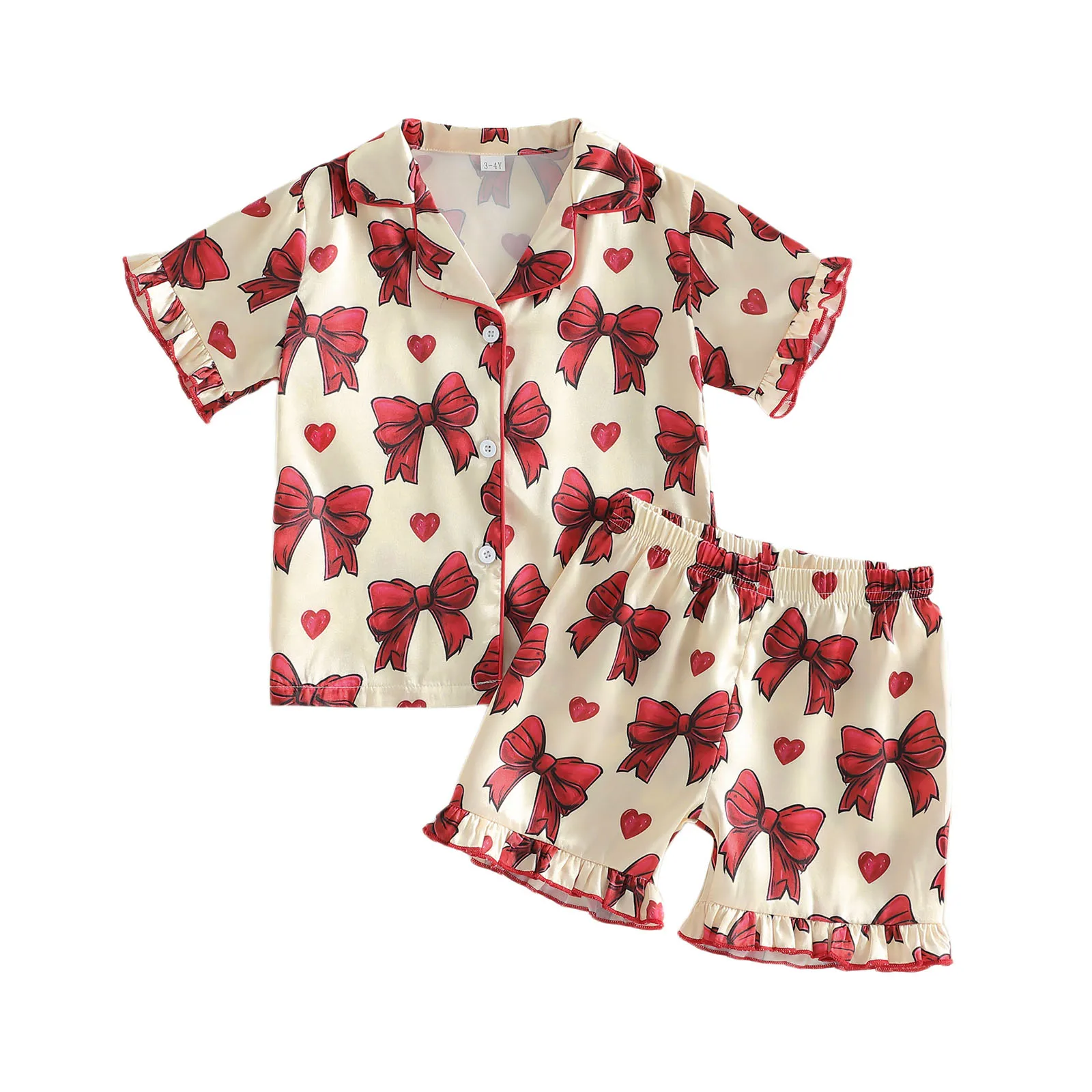 طفل الفتيات الصيف منامة مجموعة القوس القلب طباعة قصيرة الأكمام قمصان بلايز مرونة الخصر السراويل 2 قطعة صالة دعوى ملابس خاصة