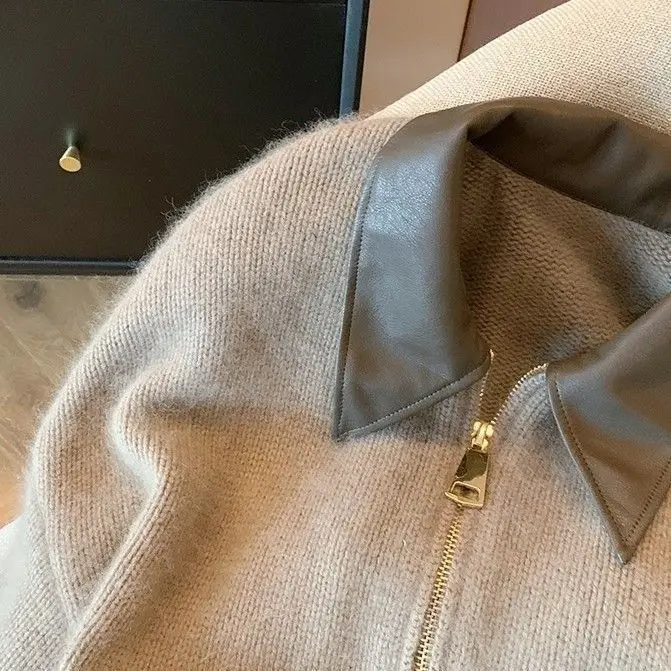 سترة نسائية أنيقة مقصوصة بسحّاب سترة محبوكة للخريف سميكة سترة منفوخة عتيقة 2000s معطف تريكو قصير مناسب