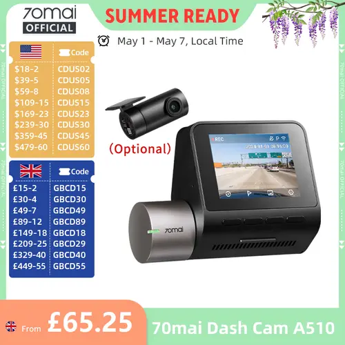 70mai Dash Cam A510 1944P HDR GPS ADAS 4G Connectivity 70mai 4G Front Cam A510 Car DVR 24H Parking Support Rear Cam