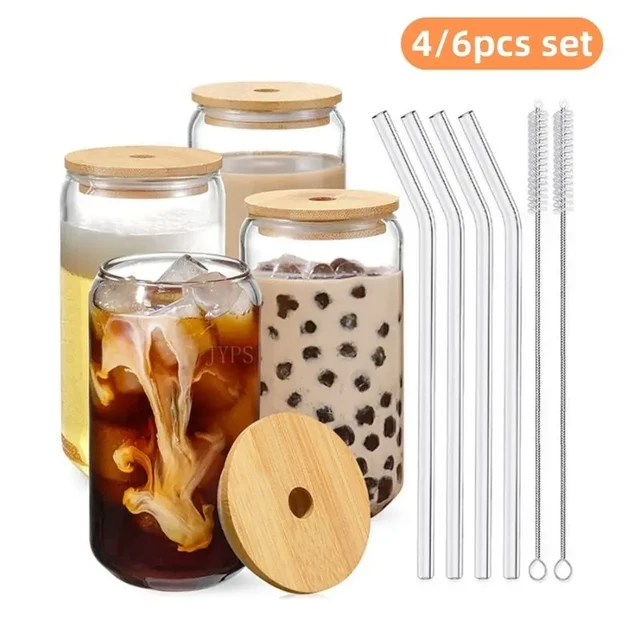 Beer Glass Bamboo Lid Straw Wholesale  Glass Cups Bamboo Lids Straws -  550ml Glass - Aliexpress