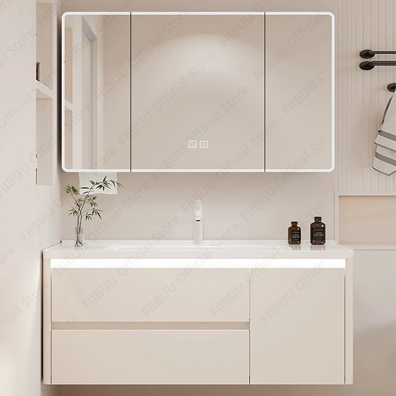 ชุดอ่างล้างหน้าห้องน้ำพร้อมกระจก LED อัจฉริยะ ตู้อลูมิเนียมติดผนังพร้อมอ่างเซรามิกในตัว ระบบควบคุมแบบสัมผัส 1