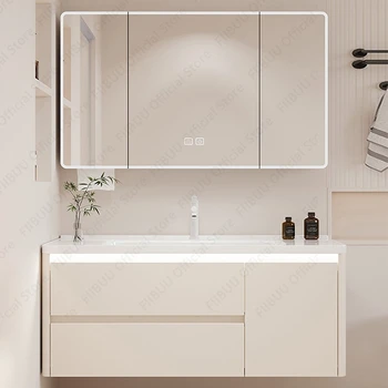 ชุดอ่างล้างหน้าห้องน้ำพร้อมกระจก LED อัจฉริยะ ตู้อลูมิเนียมติดผนังพร้อมอ่างเซรามิกในตัว ระบบควบคุมแบบสัมผัส 1