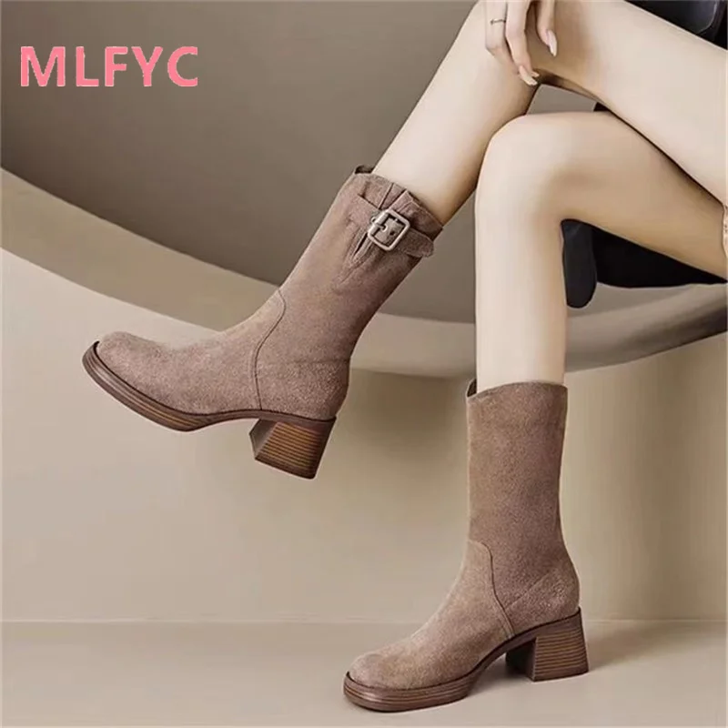 

Thick Heel Mid Barrel Knight Boots Women's High Heels Autumn/Winter New Round Head Belt Buckle Short Boots Western Cowboy Boots