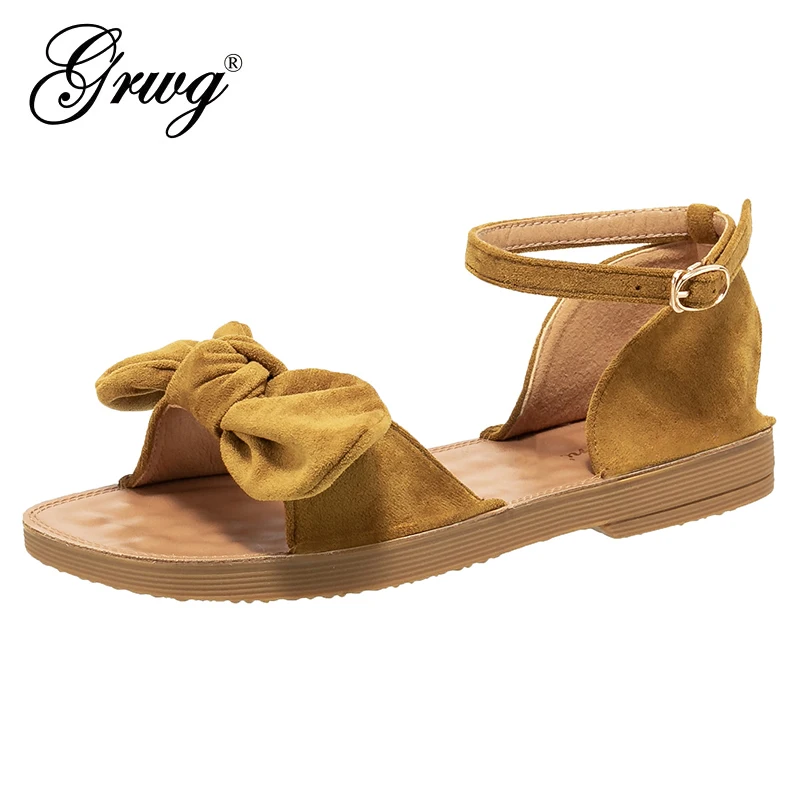 

GRWG Women Sandals Soft Suede Plus Size 43 Ladies Sandals Comfortable Flat Women Open Toe Beach Shoes Woman Footwear Sandalia