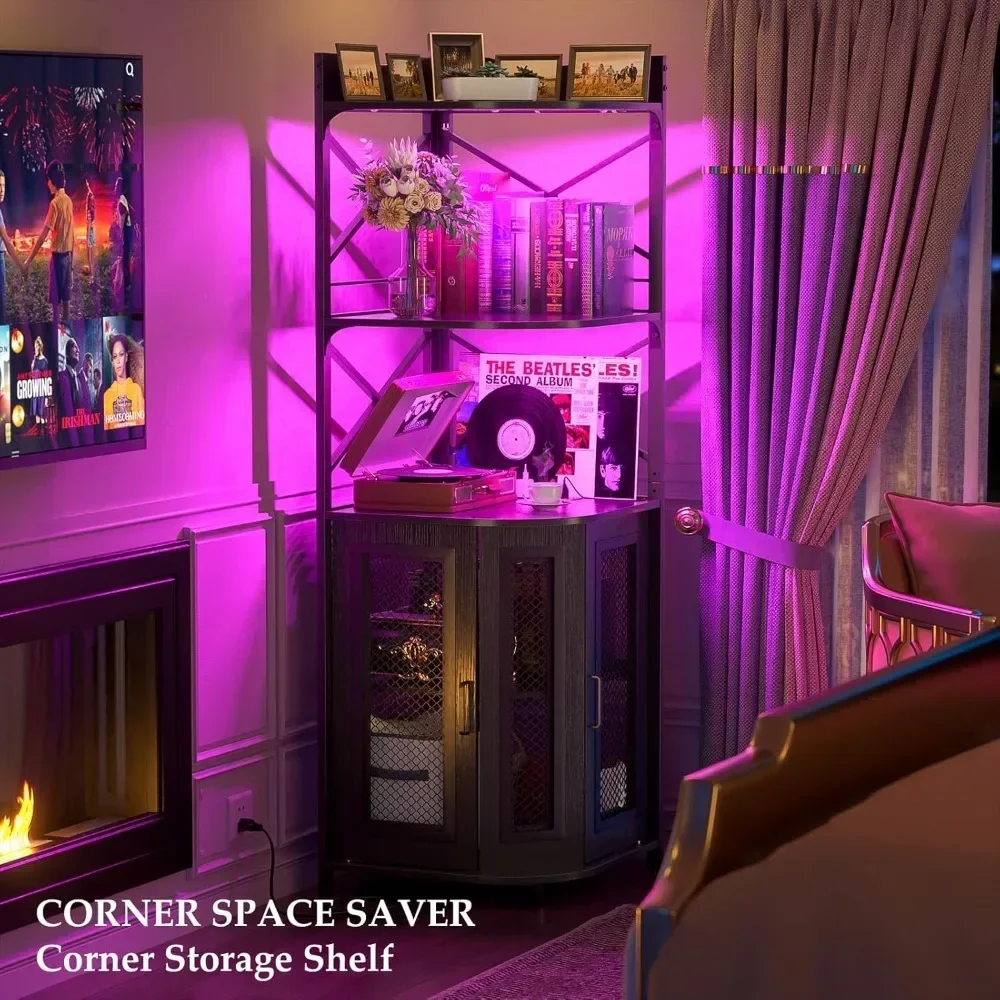 Corner Bar Cabinet with Power Outlet, Industrial Wine Cabinet with LED Strip and Glass Holder, 5-Tiers Liquor Bar