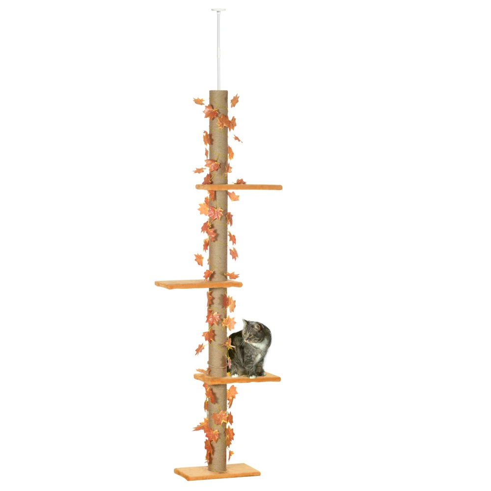 Pawhut Floor To Ceiling Cat Tree 80"-95" Adjustable Tall Cat Tower 3-Level Climbing Towe Indoor Sisal Scratching Post Platforms