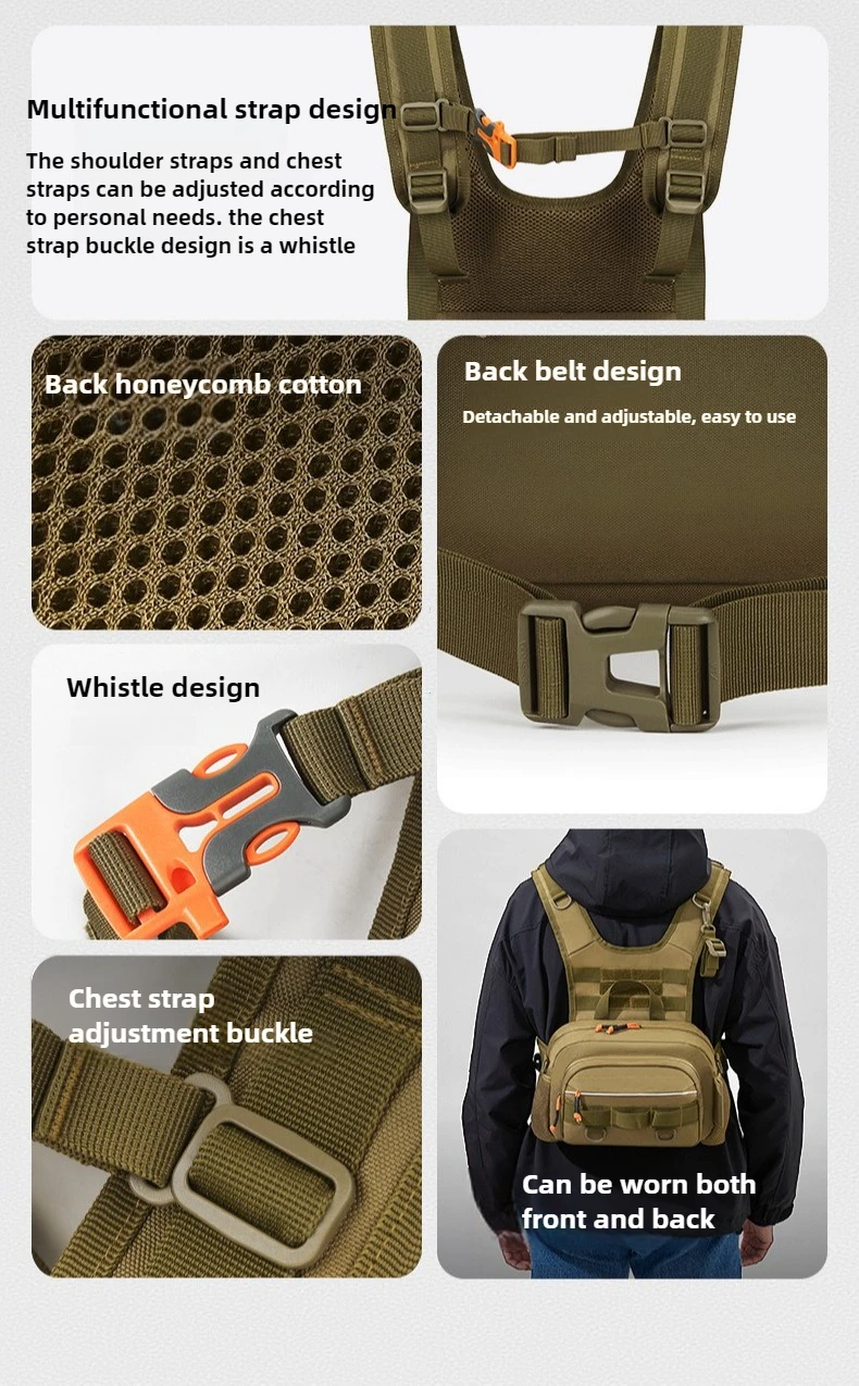 Description Picture 3 of itemMen Tactical Fishing Backpack with Rod Holders Lure Chest Bag Gear Storage Bag Molle Outdoor Hiking Fanny Pack Hunting Rig Pouch