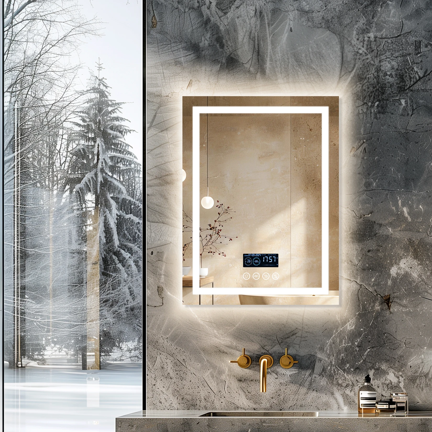 wisfor 24 x 32 LED Bathroom Mirror with Bluetooth Smart Display Screen,Touch Button 3 Colors Dimmable Light, Anti-Fog, Memory