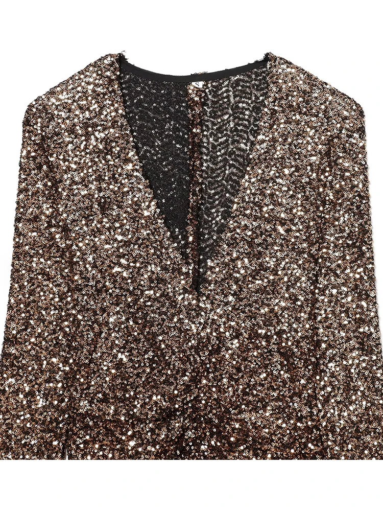 New Sequin Sexy Party Long Dress Women V-neck Long Sleeve Slim Pleated High Split Dresses 2025 Autumn Lady Evening Robe