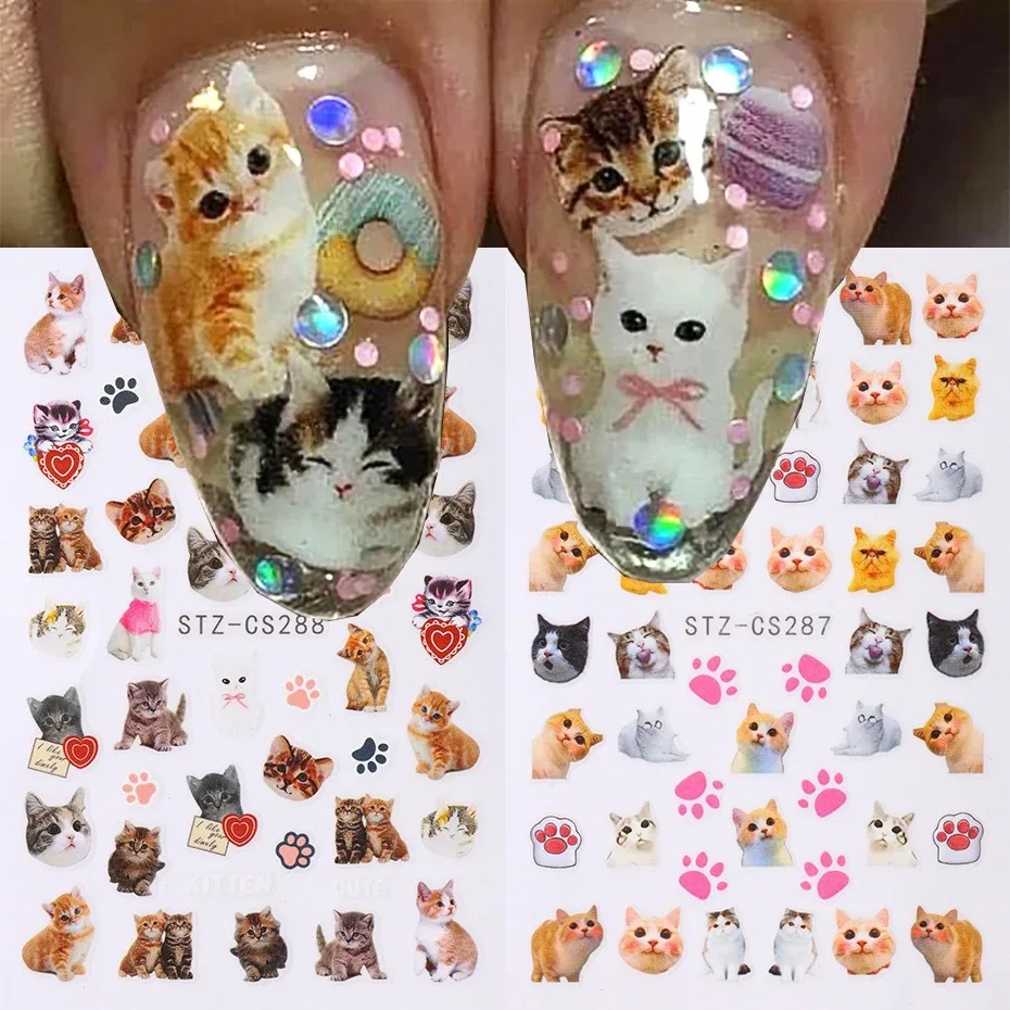 현실적인 고양이 네일 아트 스티커, 핑크색 새끼 고양이 발바닥 하트 디자인, 자..