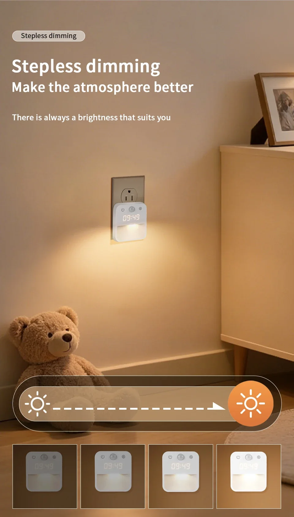 EU Standard Socket Human Sensing Light LED Corridor Sensing Night Light Unlimited Dimming Tri Color Switching with Clock Display